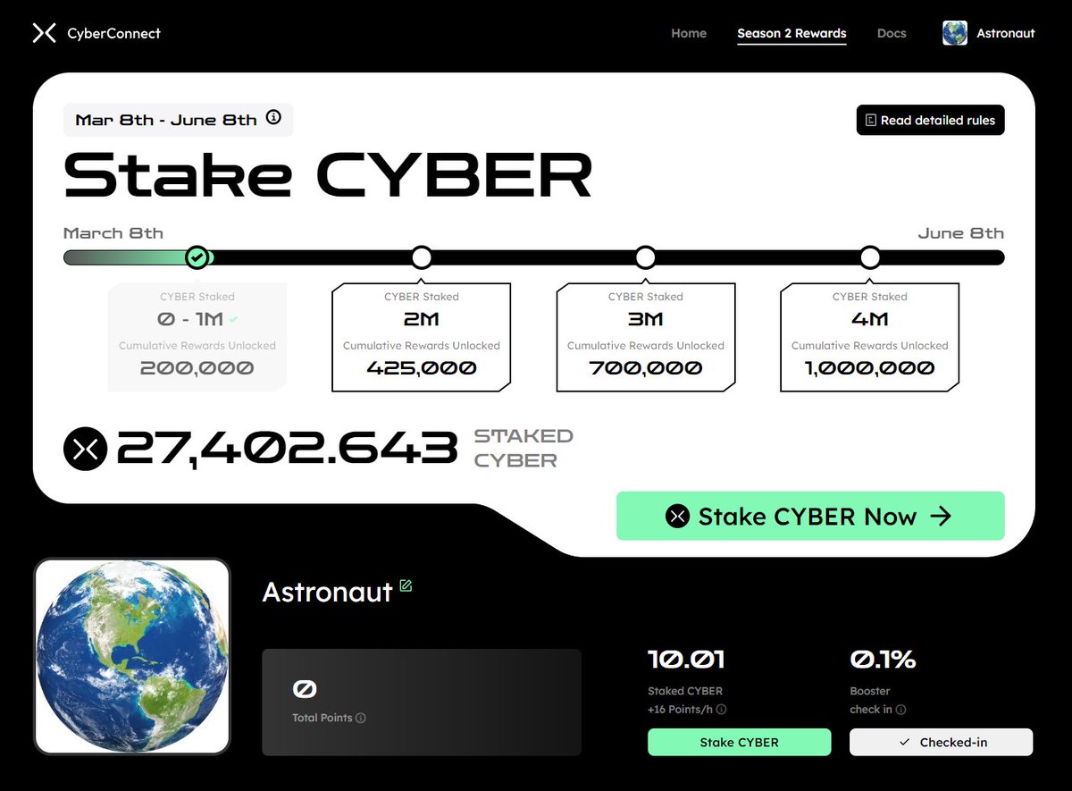 Astranawter's tweet image. #CyberConnect's Season2 has started today 🔥

Join early to earn more #rewards 👇

cyber.co/stake?code=VR2…