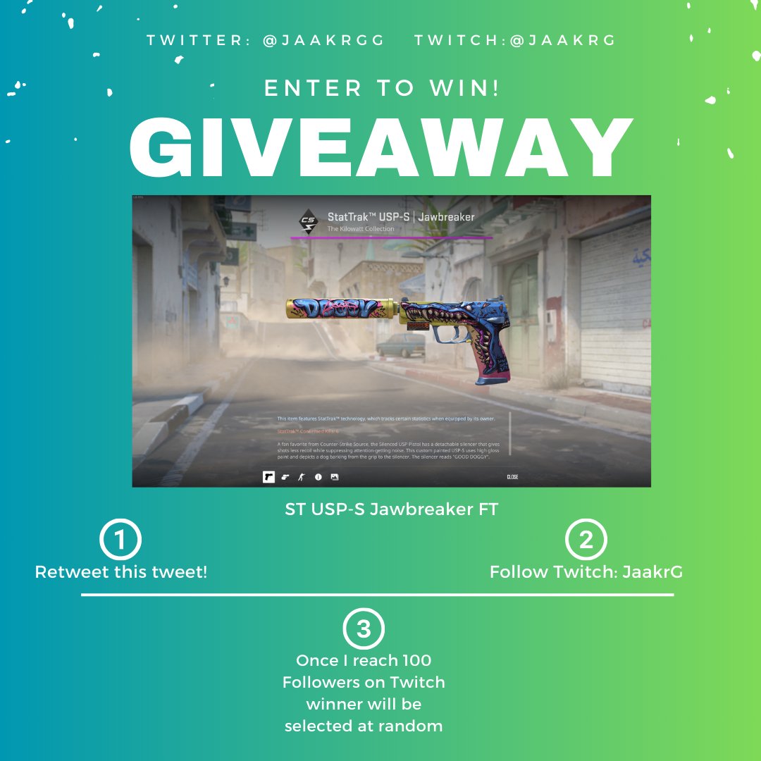 JaakrGG's tweet photo. Fancy winning this StatTrak USP-S Jawbreaker? I'll be giving it away when I reach 100 twitch followers! To enter simply follow me over on twitch https://t.co/p8nYyoYjBZ and retweet this tweet! Good luck everyone #cs2 #cs2skins #skinsgiveaway #freeskins #counterstrikeskins https://t.co/S1Vr5Ep8lE