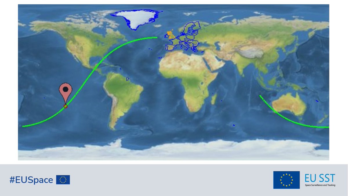 ⚠️Update on #EUSST’s monitoring of object #ISS DEB: the re-entry window has narrowed down to 2024-03-08 19:13 UTC ±30 min. The below figure shows the latest ground track map for the re-entry window. Find more details here: eusst.eu/newsroom/eu-ss… #EUSpace