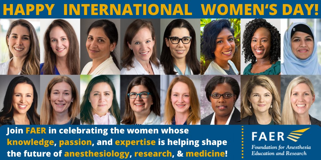 Happy #InternationalWomensDay2024! FAER is honored to help support incredible women in their pursuit of #anesthesiology #research. Join us in celebrating the women leading our specialty & medicine into the future – particularly the pictured #FAERgrantees! #TheFutureIsFemale