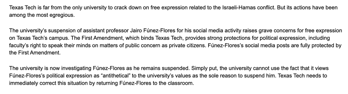FIRE is sending a letter to @TexasTech demanding they reinstate @Jairo_I_Funez, whom they suspended on Monday over comments he made related on Israel-Hamas war. Background: texastribune.org/2024/03/04/tex… A statement from FIRE: