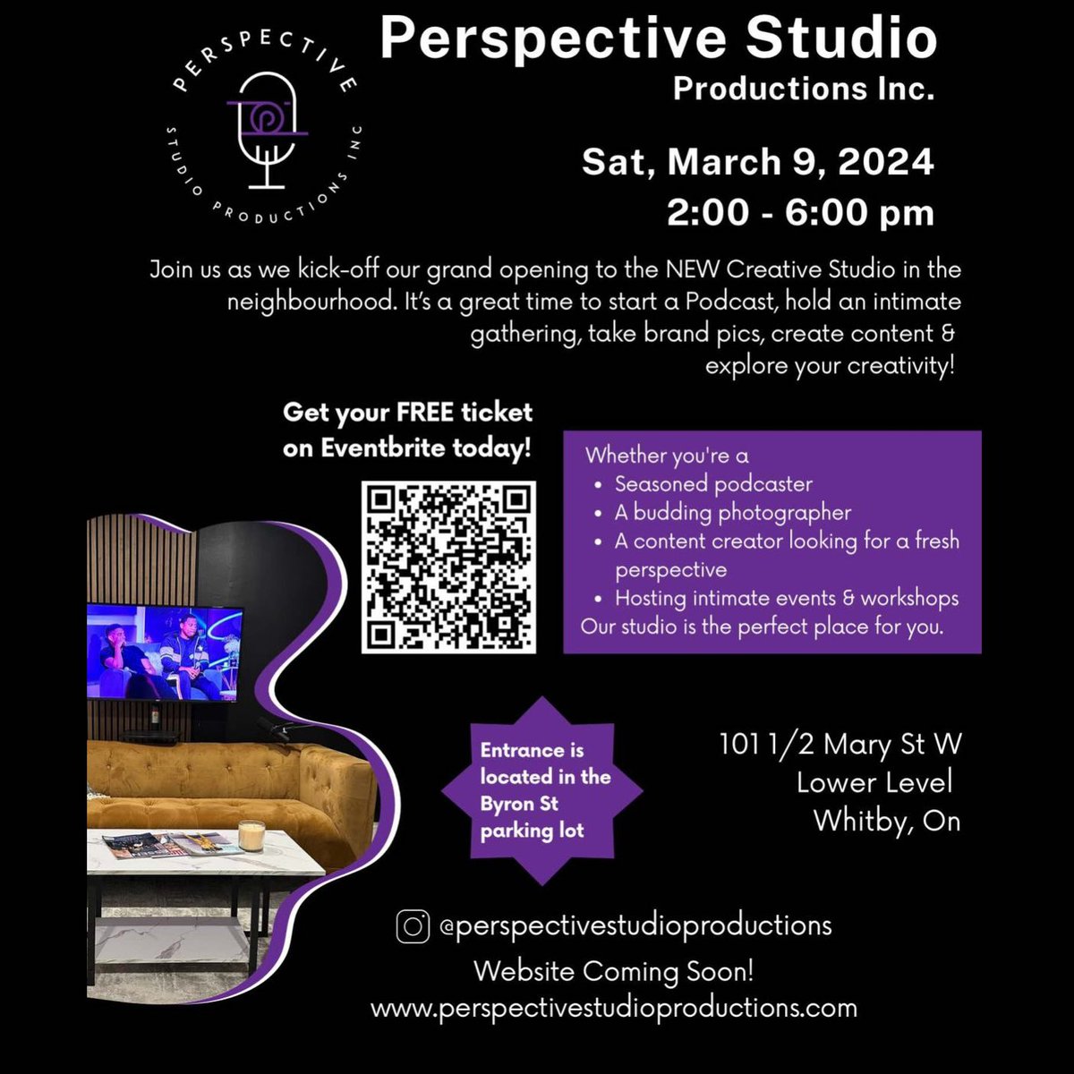 Amazing new Creative Studio in #DowntownWhitby! ✨Celebrate the #GrandOpening of Perspective Studio Productions this Saturday, March 9 from 2pm to 6pm at 101 1/2 Mary St W. 

Get your free tickets here: 
eventbrite.ca/e/perspective-…