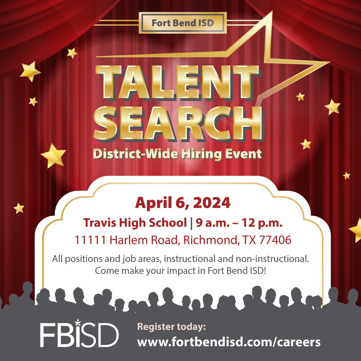 Fort Bend ISD is rolling out the red carpet for candidates who want to join our family! The 2024 Talent Search Hiring Event is scheduled for April 6 at @THS_Tigers. @FortBendISD offers teachers and other professionals daily opportunities to make a difference in students’ lives.