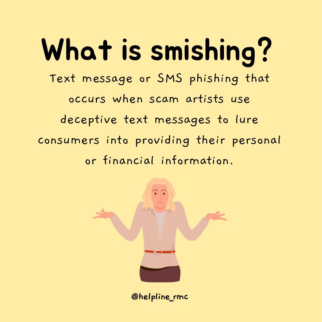 TechnologyMacon's tweet image. Don’t get smished! Follow these tips and learn more on our instagram @helpline_rmc ! 

#smishing #smsphishing #safetytips