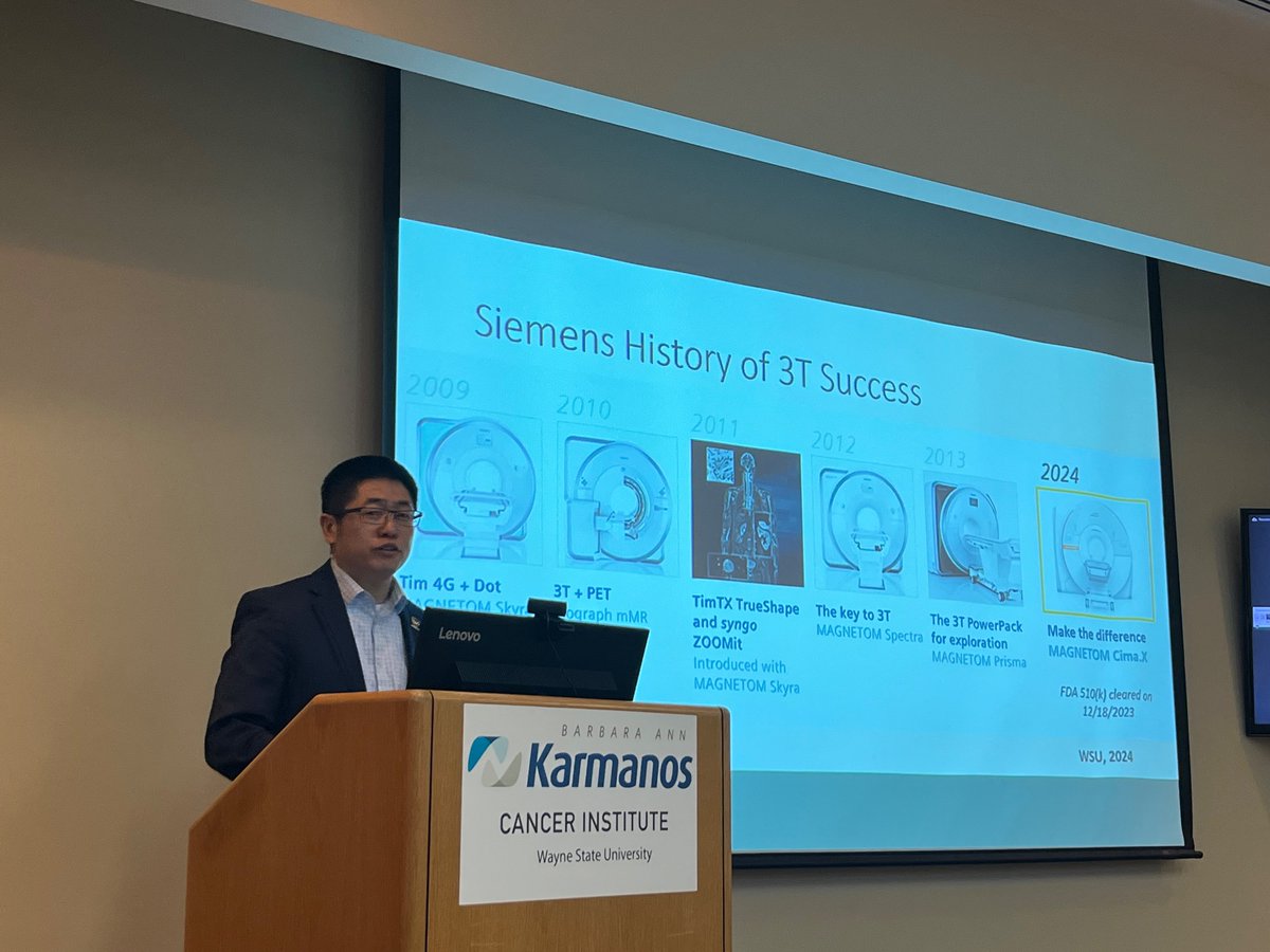 Dr. Yongshen Chen presented on a new clinical research Siemens CIMA.X 3T MRI scanner available <a href="/waynestate/">Wayne State University</a> at our <a href="/karmanoscancer/">Karmanos Cancer Institute</a> Molecular Imaging Program March monthly meeting.