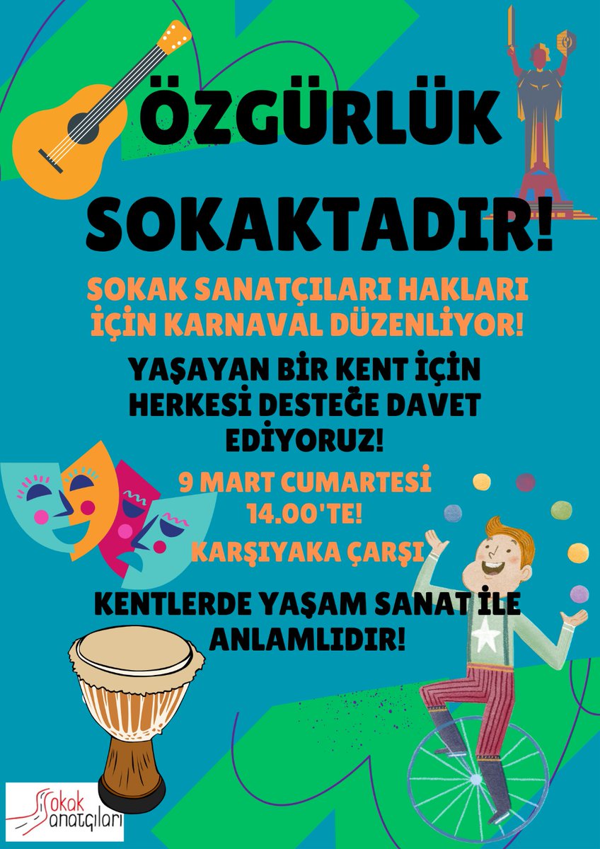 Sokak Sanatçıları olarak daha katılımcı bir kent yönetimi, yaşayanların barış içinde özgürce deneyimleyecekleri bir kent için sözümüzü sanatımızı konuşturacağız. Tüm dostlarımızı Bakhtinci Karnavaleskimize bekleriz. Bu karnavalda sınıf farkı, sahte ilişkiler ve hiyerarşi yok📷