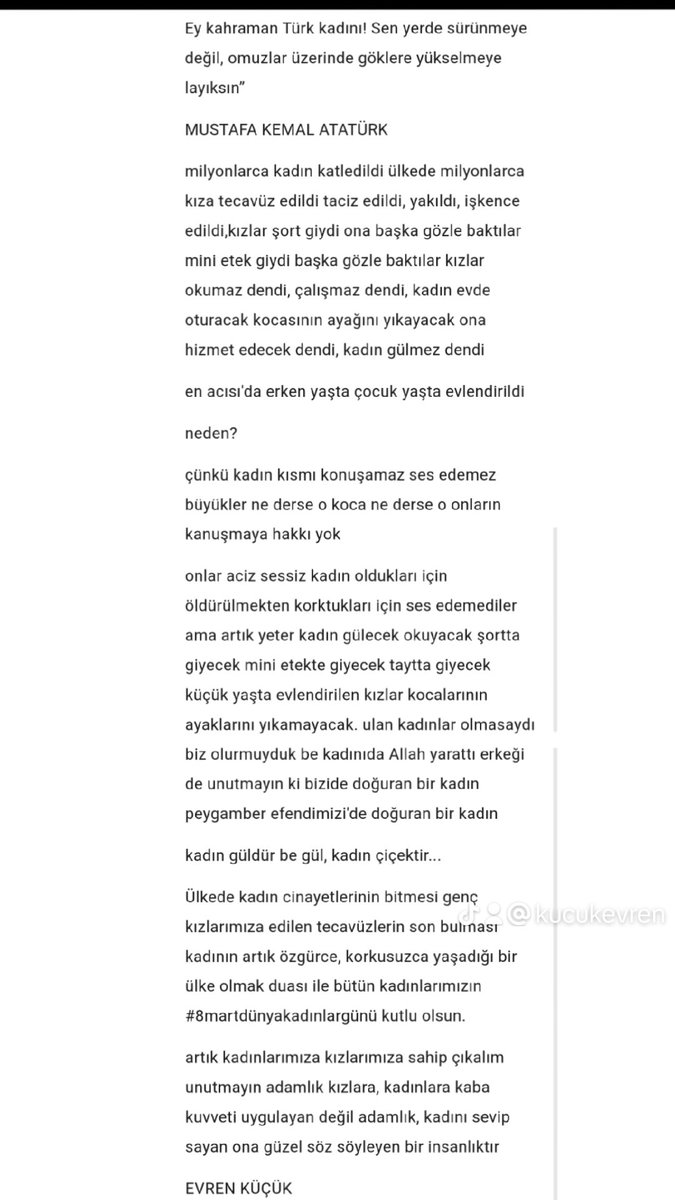 #8marts #8MartDunyaEmekciKadinlarGunu #8MartKadinlarGunu 
Gazi Mustafa Kemal Atatürk'ün dediği gibi ey kahraman türk kadını sen yerde sürünmeye değil omuzlar üzerinde göklere yükselmeye layıksın
İyi'ki varsınız 💙