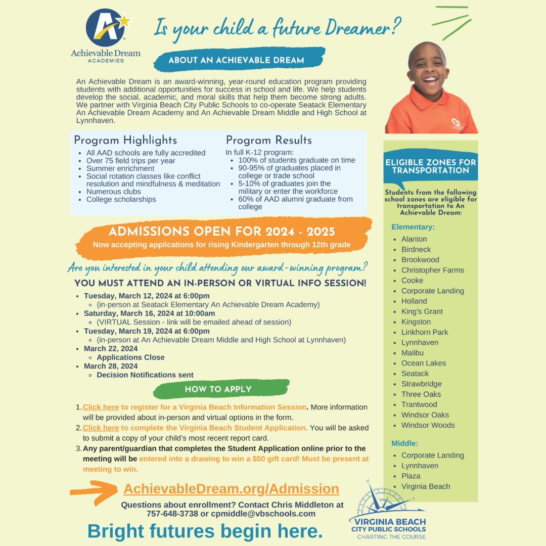 vbschools's tweet photo. 🎓 2024-2025 admissions are open for An Achievable Dream program. Attend an upcoming information session and visit https://t.co/QMOT3Vjn5x to learn more. #VBCPSchartingthecourse #EducationMatters https://t.co/8Y1Jc777az