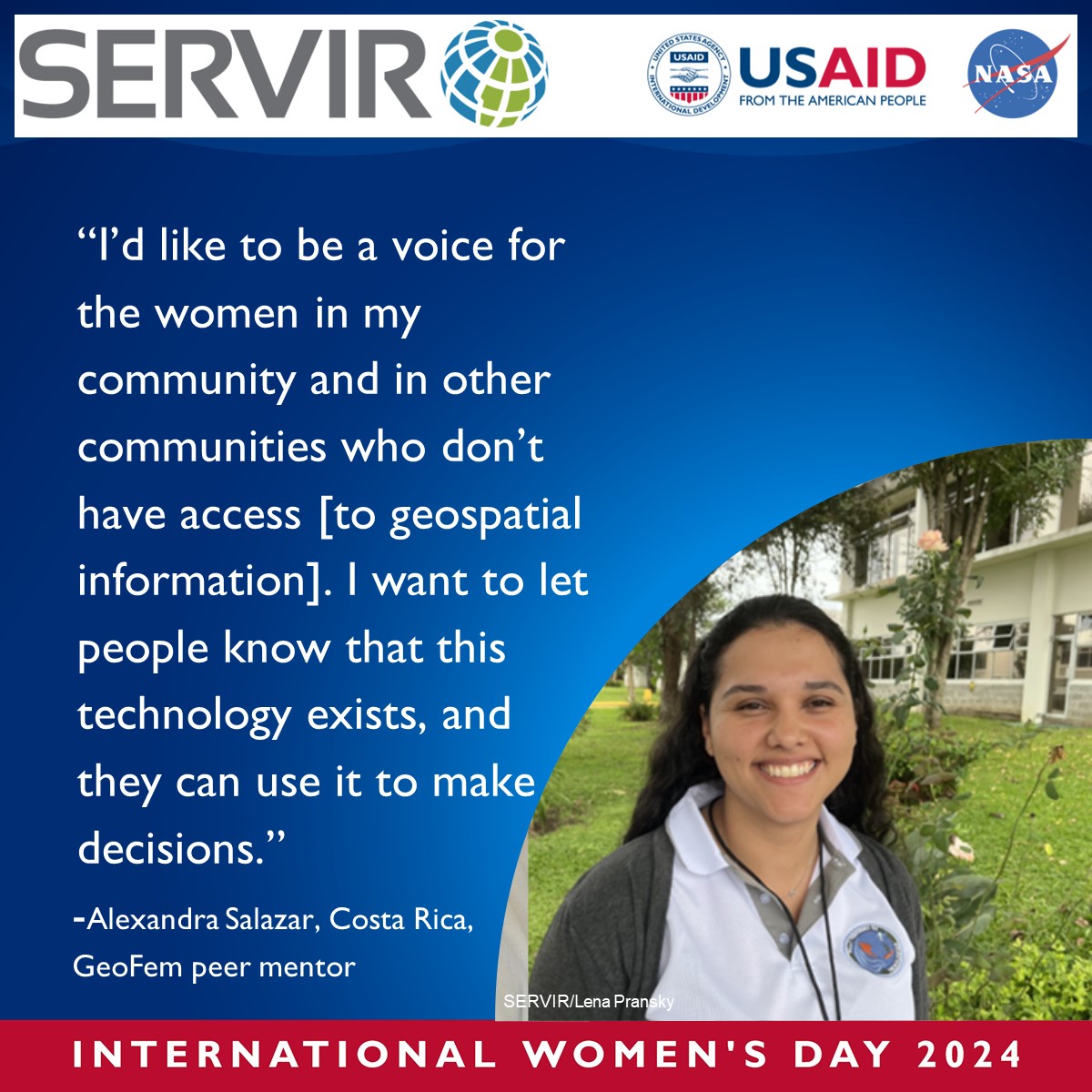 From the GeoFem event with @IICAnews in Costa Rica, peer mentor, Alexandra, shared her desire to be a voice for women and increase access to geospatial information. #IWD2024 #InvestInWomen Learn more about GeoFem here: servirglobal.net/news/geofem-wo…