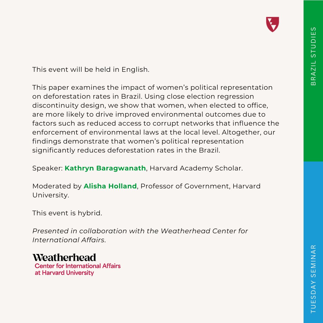 DRCLAS @ Harvard (@harvarddrclas) on Twitter photo 03/19 @ 12PM: The Greener Gender: Women Politicians and Deforestation in Brazil
Kathryn Baragwanath, Harvard Academy Scholar, examines the impact of women’s political representation on deforestation rates in Brazil. <a href="/KathrynBaragwa/">Kathryn Baragwanath</a>
loom.ly/Si_R0XU 03/19 @ 12PM: The Greener Gender: Women Politicians and Deforestation in Brazil
Kathryn Baragwanath, Harvard Academy Scholar, examines the impact of women’s political representation on deforestation rates in Brazil. <a href="/KathrynBaragwa/">Kathryn Baragwanath</a>
loom.ly/Si_R0XU