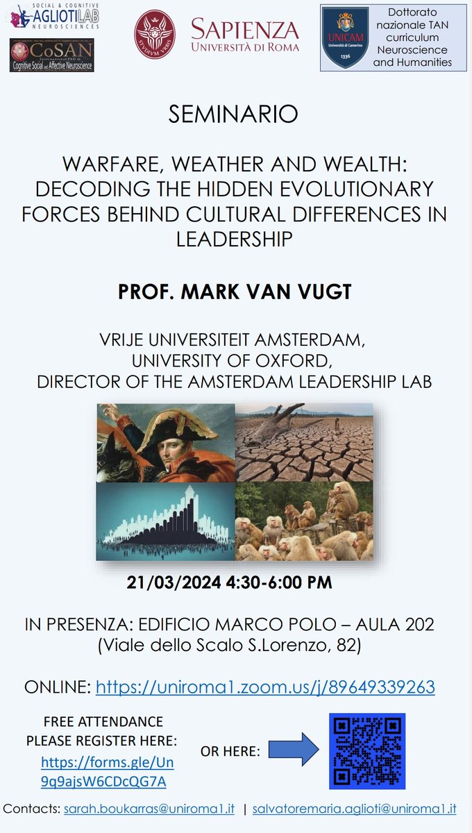 SCNL - AgliotiLab (@scnl_agliotilab) on Twitter photo Don't miss our next event! Prof. <a href="/markvanvugt1/">Mark Van Vugt</a> will discuss about the evolutionary forces behind cultural differences in #leadership .
🗓️ 21st March 16:30-18:00
Online here
uniroma1.zoom.us/j/89649339263
Registration for in presence here 👇🏻
forms.gle/Un9q9ajsW6CDcQ… Don't miss our next event! Prof. <a href="/markvanvugt1/">Mark Van Vugt</a> will discuss about the evolutionary forces behind cultural differences in #leadership .
🗓️ 21st March 16:30-18:00
Online here
uniroma1.zoom.us/j/89649339263
Registration for in presence here 👇🏻
forms.gle/Un9q9ajsW6CDcQ…