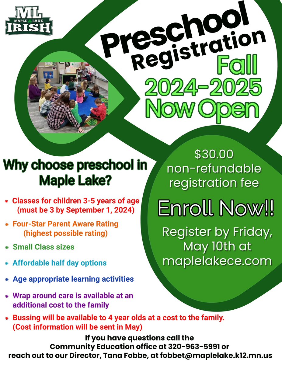Register today for fall preschool! maplelakece.com