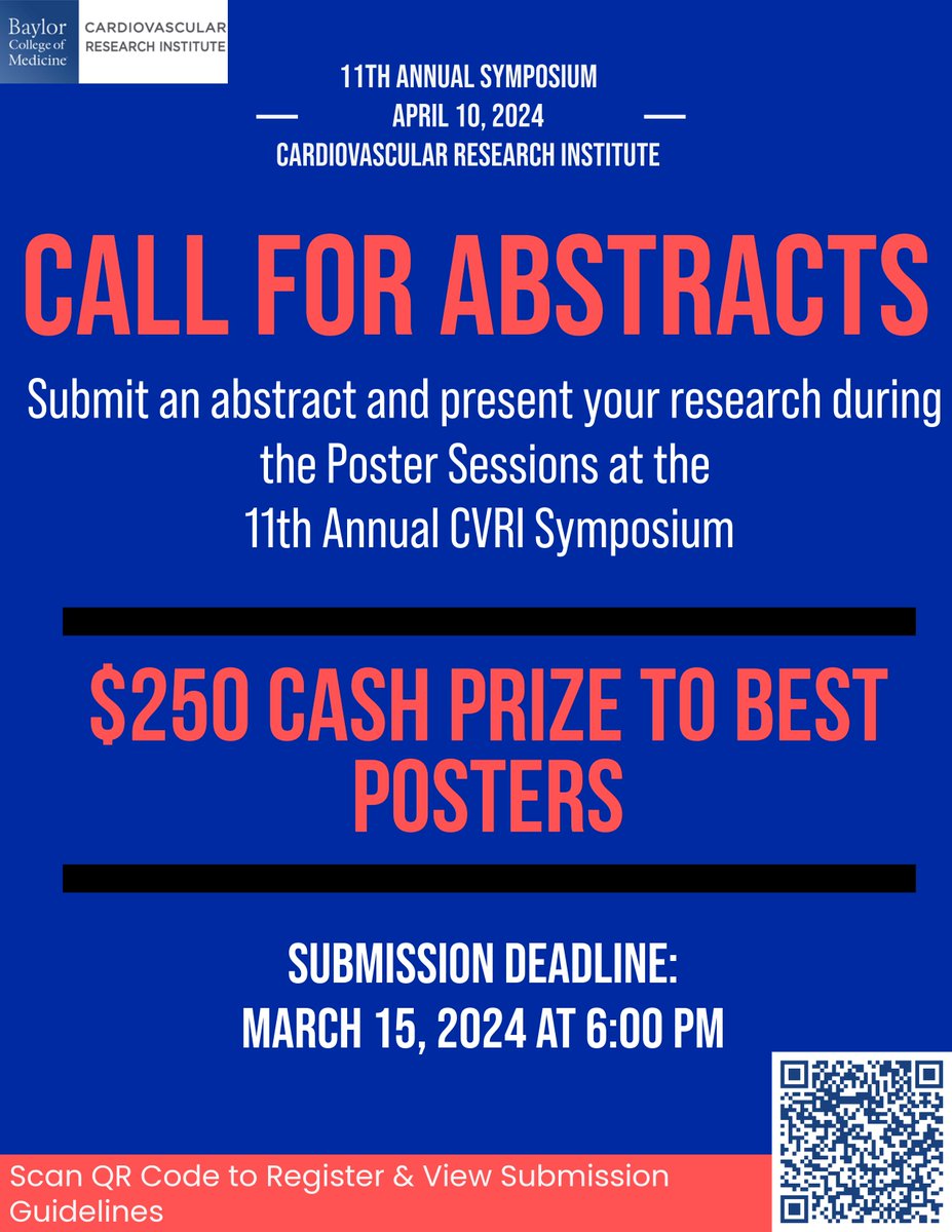 The deadline for the CVRI Symposium abstract submissions is fast approaching. Please be sure to register for the symposium and submit your abstract by March 15, 2024, at 6pm. tinyurl.com/4ma2y88x #cardiovascularresearch #cardiology #CardioTwitter