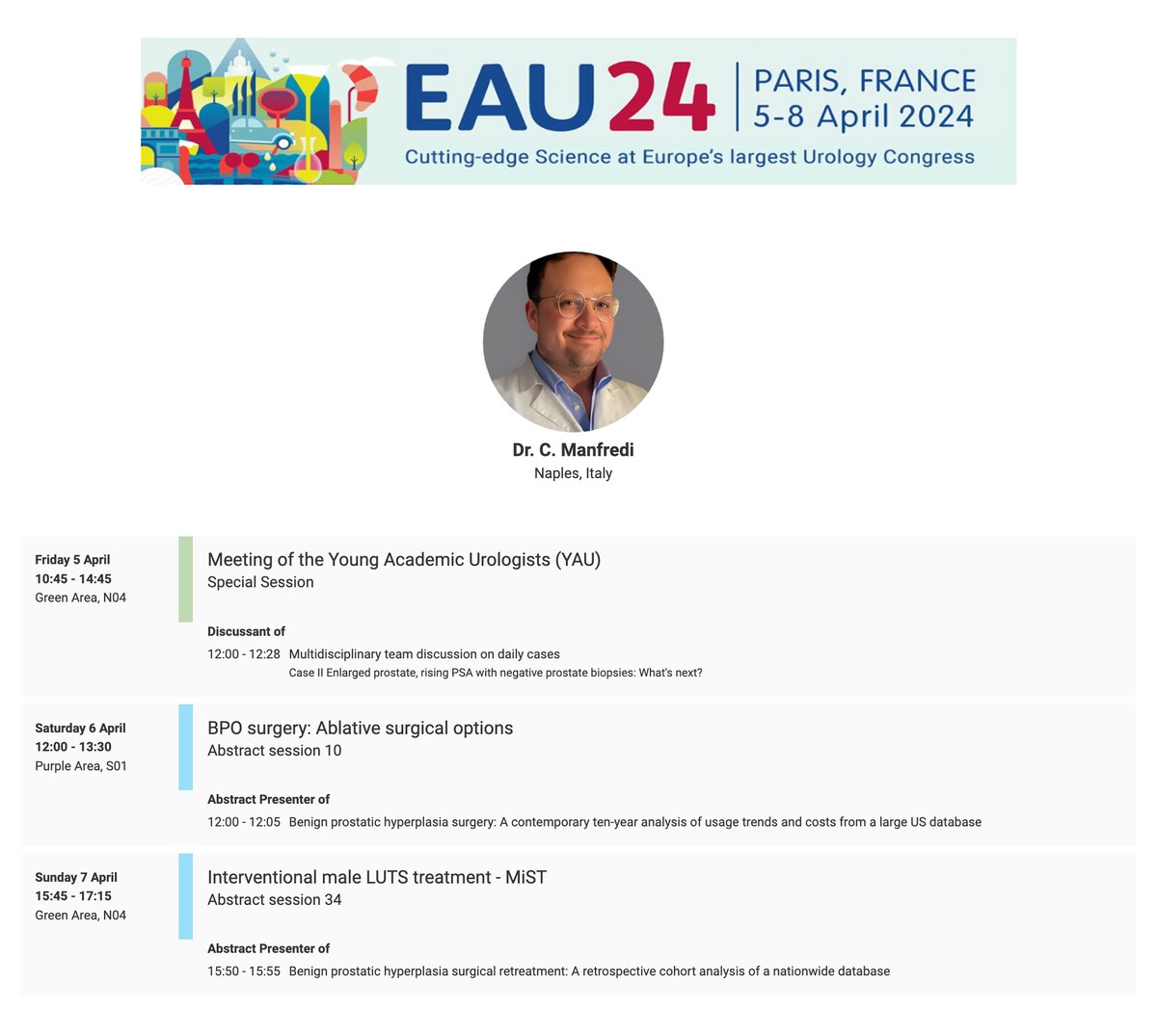 Less than a month until the #EAU24 Congress in #Paris! I am excited to actively participate by discussing new studies and perspectives on #BPH as an invited speaker at @EAUYAUrology Session and through several #abstracts on the topic.