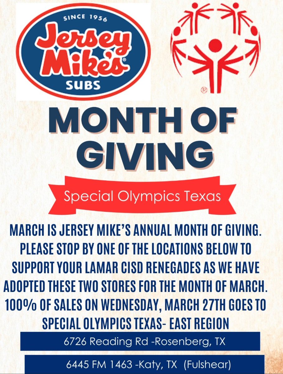 Please support our @LamarCISD Renegades and help us win our East Region competition by visiting one of our adopted @jerseymikes sub stores below. March 27th is the Day of Giving, where 100% of the proceeds will go to Special Olympics Texas. @lamar_cisd @RosenbergPolice