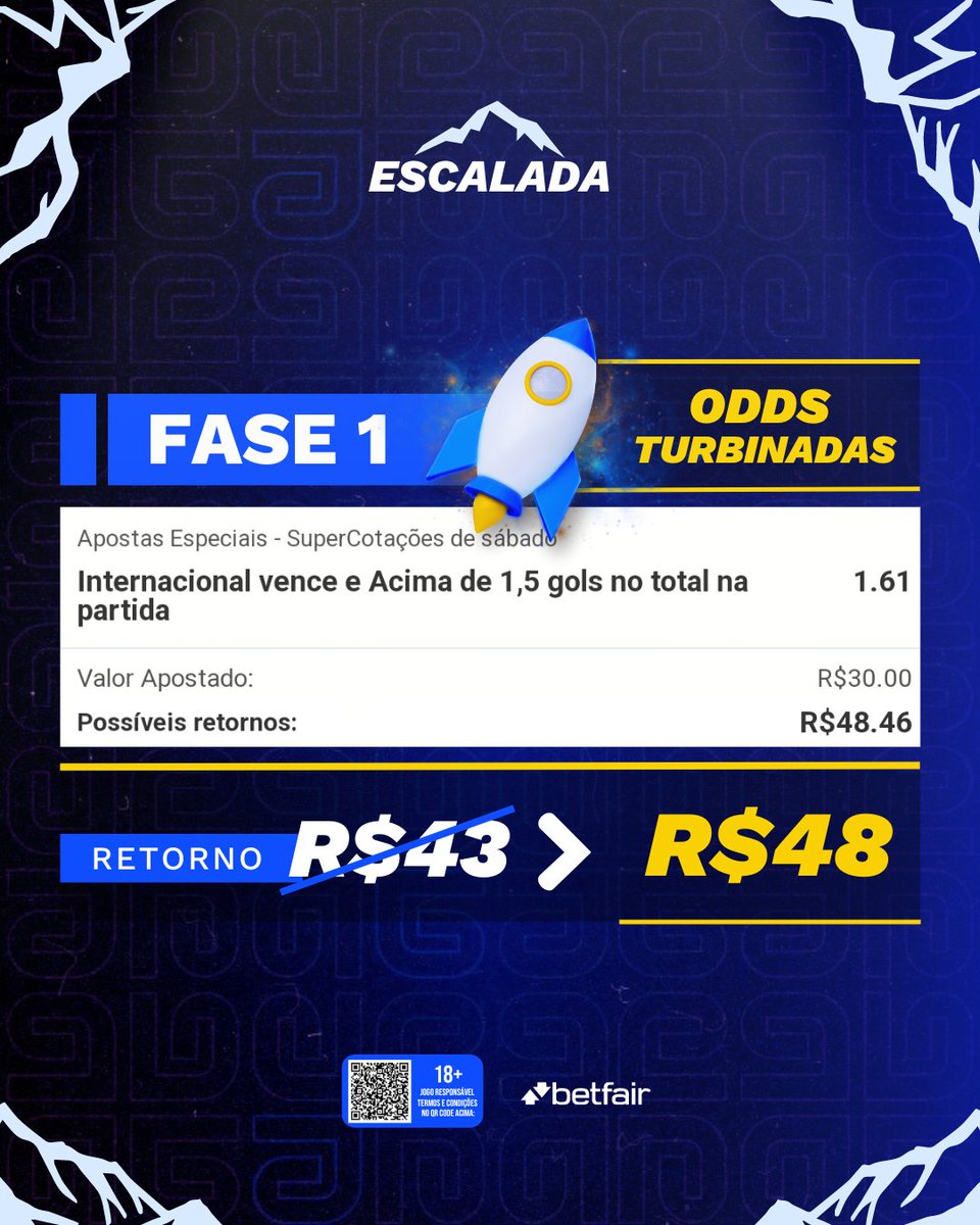 🧗 Escalada - Fase 1

Aposta: bit.ly/Escalada1

Odds turbinadas exclusivas na Betfair pelo link acima.

Novos usuários ganham até R$200 em bônus.

🎁 Clique aqui: bit.ly/PixEmDobro

Leia os T&amp;C. Ad.