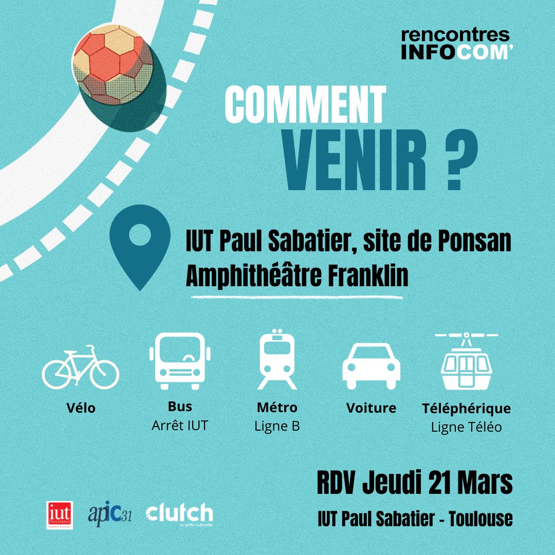 RICTlse's tweet photo. 🚶‍♀️ Comment venir aux Rencontres Infocom’ ?

Différentes options sont possibles !

🚍 BUS
🚇 METRO
🚲 VELO
🚡 TELEPHERIQUE
🚘 VOITURE

On se retrouve le 21 mars à l’amphithéâtre Franklin de l’IUT Paul Sabatier (site de Ponsan) ! ;)

#RICTlse #toulouse #Infocom https://t.co/KtGRxiW3DN