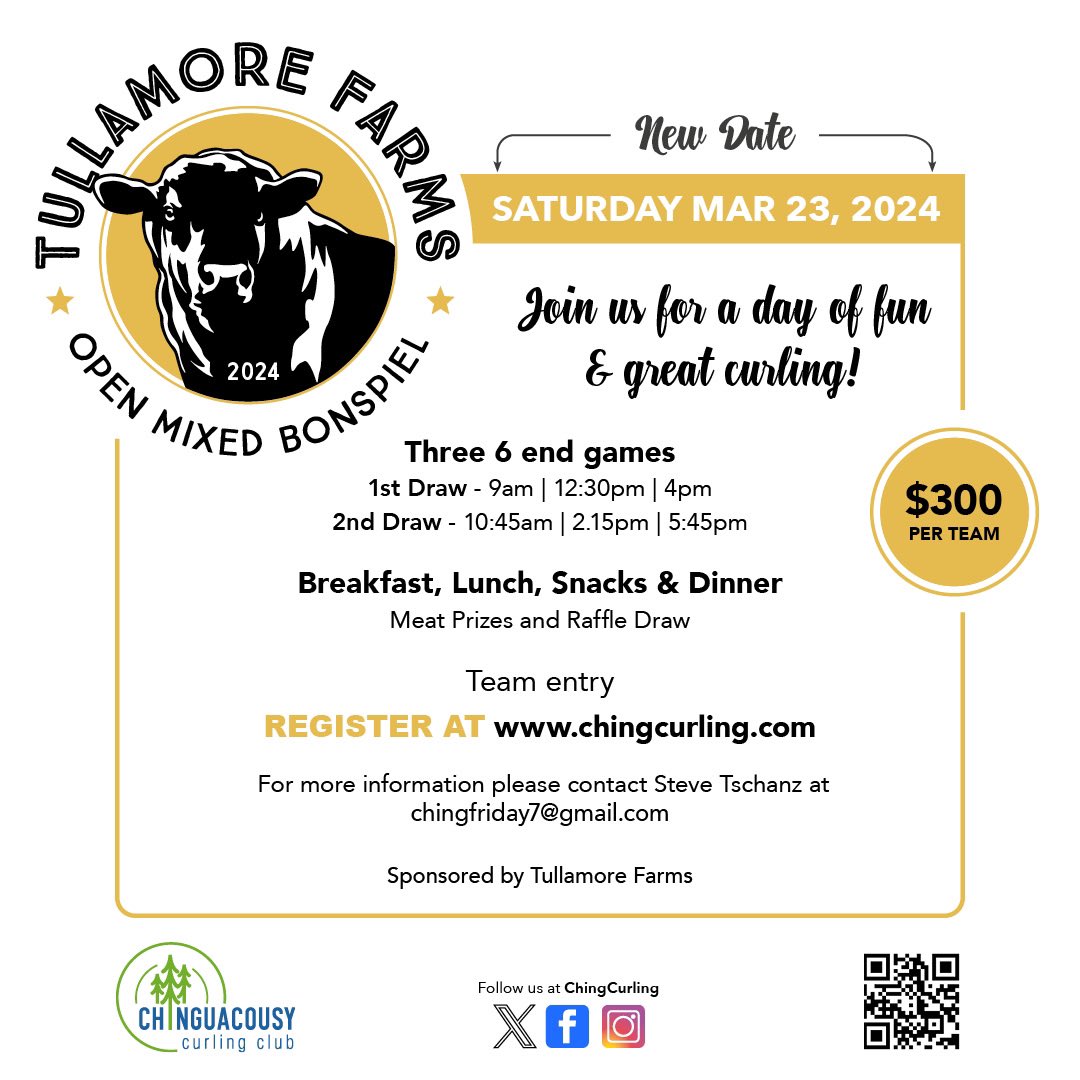 The Tullamore Farms Open Mixed has been rescheduled to Saturday, March 23rd! Our most popular mixed spiel has limited availability so get your entry in if you haven’t already! 

chingcurling.com/index.php/even…
.
.
.
#curling #mixed #brampton #winter #fun #active #social