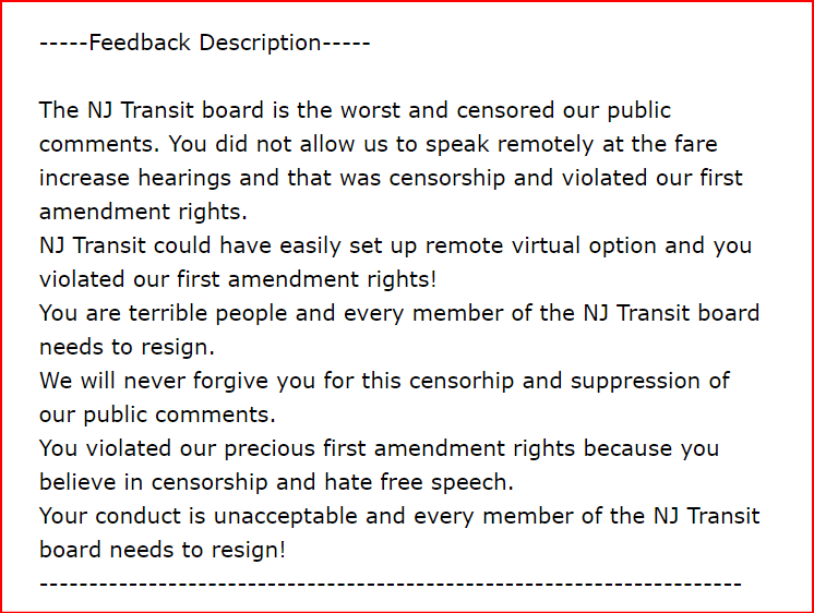 rudezoneNJT's tweet image. I just sent the NJ Transit board some feedback.

Never forgive NJ Transit and the corrupt board for violating our first amendment rights.

@ReichNow @FuckNjTransit @Dvlwoman30 @RajMukherji @NJLD37