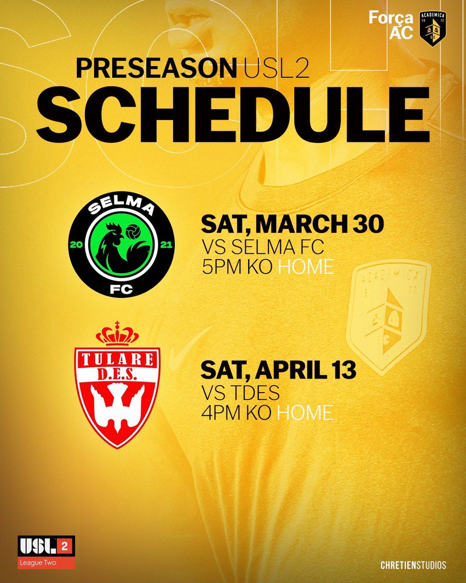Time to get to work💪🏼

Our preseason schedule is set as we host both Selma FC and Tulare DES before our @USLLeagueTwo season starts! Get your first looks at the squad in the coming weeks! #ForçaAC