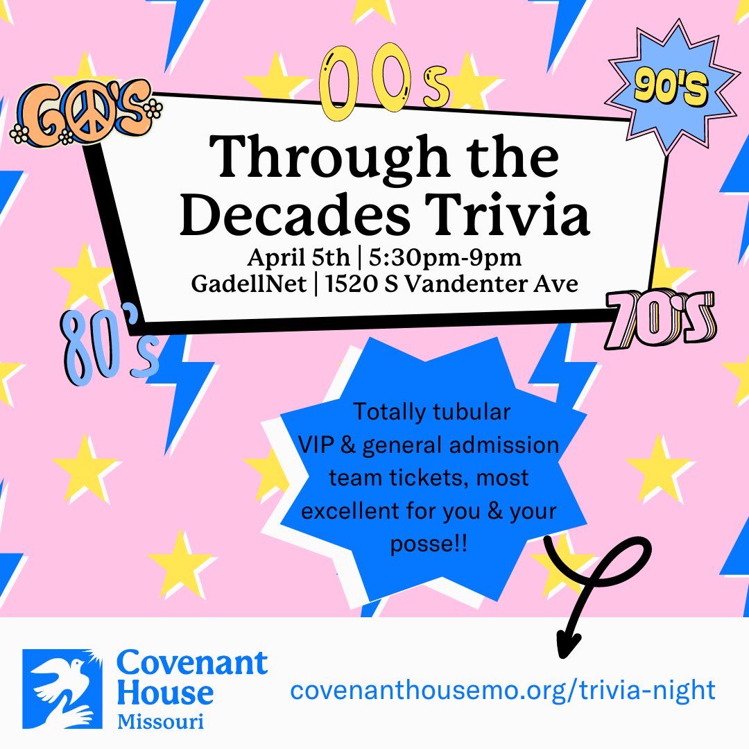 covenanthousemo's tweet photo. CHMO’s totally tubular VIP &amp; general admission team tickets are, for sure, most excellent for you and your posse! 
 
Hightail it to our event page to check all the funky fresh ways you can support Through the Decades Trivia Night and CHMO youth!
 
https://t.co/6b6BZfHc2v https://t.co/up8tm0Snur