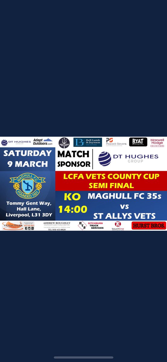 Maghull over 35โs (@maghullover35s) on Twitter photo Get down and support us tomorrow in the LCFA Semi final against St Allys Vets. Bar will be open ๐ปโฝ๏ธ๐ตโช๏ธ๐ตโช๏ธ <a href="/maghullfc/">Maghull Football Club</a> Thanks to our match sponsors <a href="/DTHughesGroup/">DT Hughes Group</a> Get down and support us tomorrow in the LCFA Semi final against St Allys Vets. Bar will be open ๐ปโฝ๏ธ๐ตโช๏ธ๐ตโช๏ธ <a href="/maghullfc/">Maghull Football Club</a> Thanks to our match sponsors <a href="/DTHughesGroup/">DT Hughes Group</a>