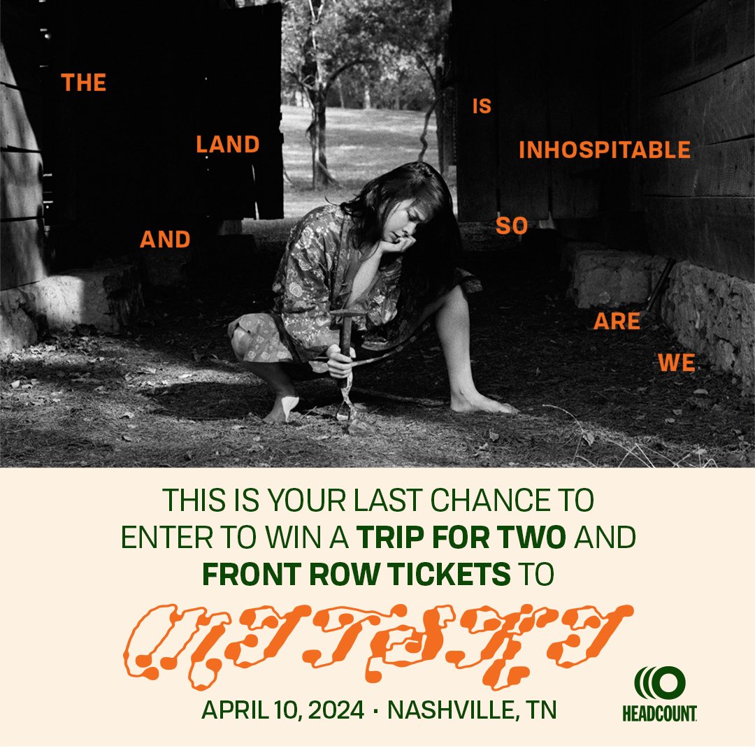 Last Chance: Take action with @HeadCountOrg to see Mitski from the front row at @theryman in Nashville at the sold out Apr 10 show. Enter the free drawing for hotel, airfare, signed merch + pair of tickets by Mar 15 at HeadCount.org/MitskiLC * Entries for US only *