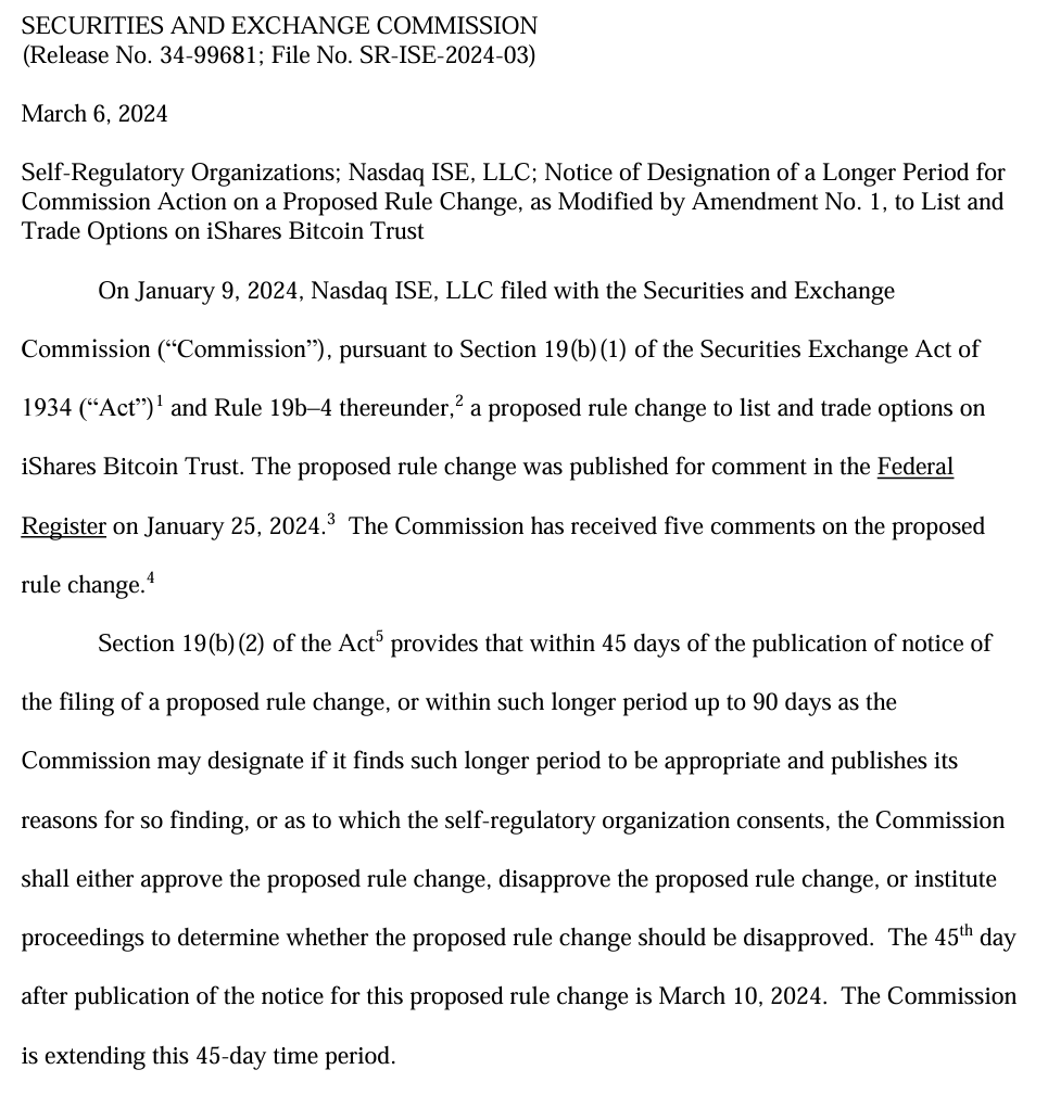 BitcoinNewsCom's tweet photo. NEW: 🇺🇸 SEC delays decision on whether to allow options trading on BlackRock's iShares #Bitcoin Trust.

The Commission "finds it appropriate to designate a longer period within which to take action." https://t.co/KGqXG38pX2