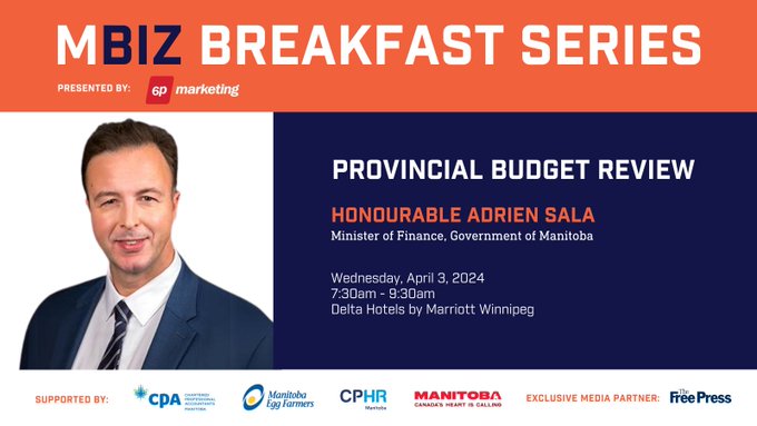 Join us for breakfast with Manitoba's Finance Minister, the Honourable Adrien Sala, the morning after he unveils the first budget of the new government. 
🔗 ow.ly/FIXr50QL5XV

#MBizBreakfast #VoiceofBusiness #PoweroftheNetwork