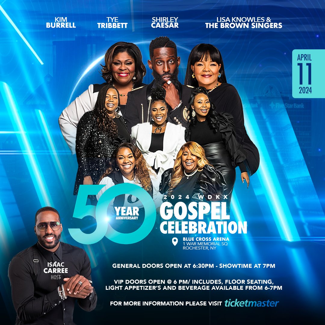 Join us 4/11 for 2024 WDKX Gospel Celebration! Kim Burrell, Tye Tribbett, Shirley Caesar, & Lisa Knowles & The Brown Singers will perform! Reserved seating & VIP tickets are available. VIP includes floor seating w/ light food & drink. Get tickets: bit.ly/3T7AwS2