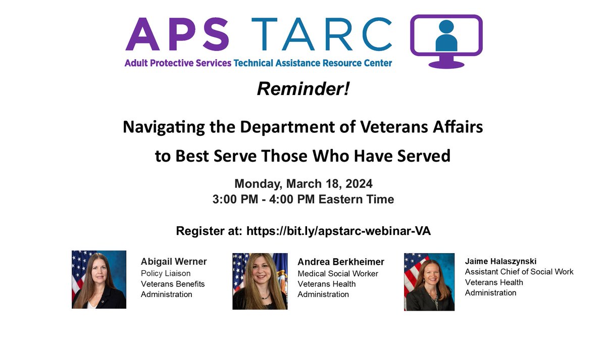 apstarc's tweet photo. Navigating the Department of Veterans Affairs to Best Serve Those Who Have Served, Monday, March 18, 2024 3:00 PM - 4:00 PM ET. The webinar discusses the three branches of the Department of Veterans Affairs (VA). 
Register at: https://t.co/DqSVqDSXPR. #AdultProtectiveServices https://t.co/NLas0O2RSO