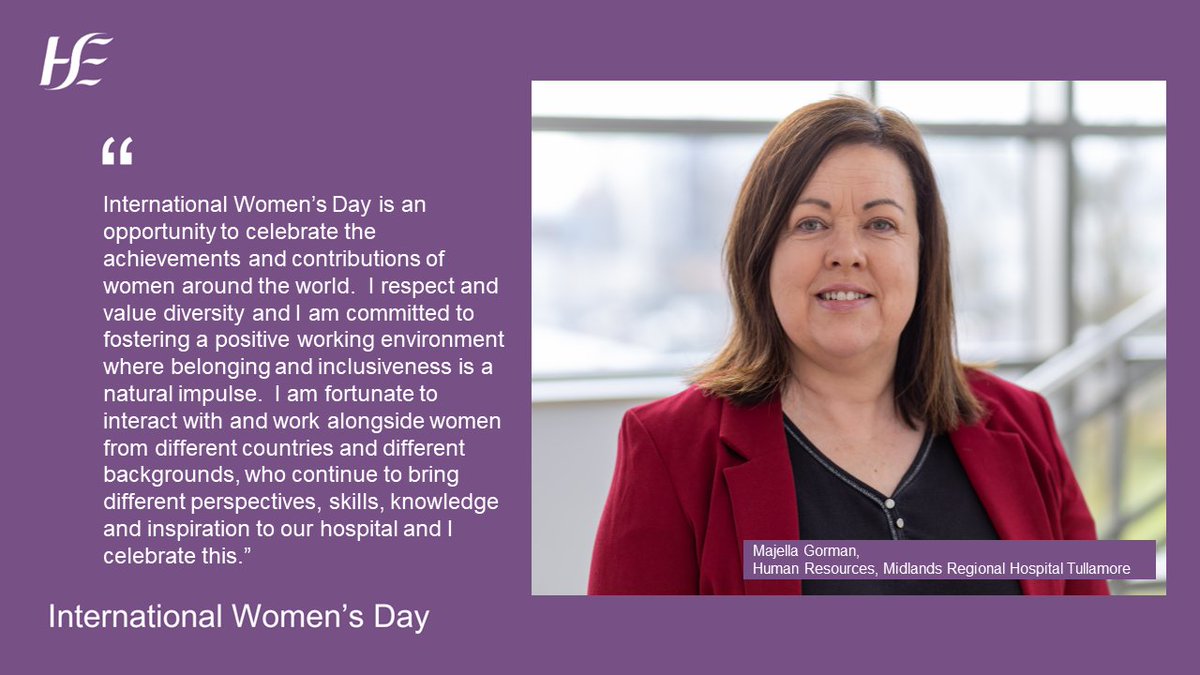 "International Women’s Day is an opportunity to celebrate the achievements and contributions of women around the world," says Majella Gorman, Human Resources, who has been working at #MRHTullamore since 1996. 

#InternationalWomensDay  <a href="/HSE_HR/">HSE HR</a>