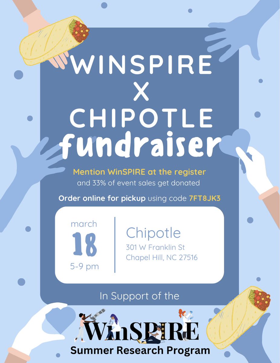 We are hosting a fundraiser to support our annual Summer Research Program!
Join us on Monday, March 18 at Chipotle on Franklin Street from 5 - 9 PM.