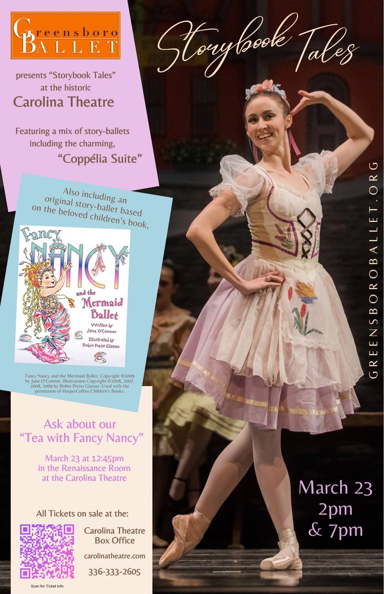 GSOBALLET's tweet image. Tickets for our fun and beautiful performances of #StorybookTales are on sale at the Carolina Theatre Box Office. 
🎀 Children tickets are only $20!
🧜‍♀️ Includes a ballet version of “Fancy Nancy and the Mermaid Ballet” &amp;amp; the rom-com ballet, “Coppélia Suite”
carolinatheatre.com/events