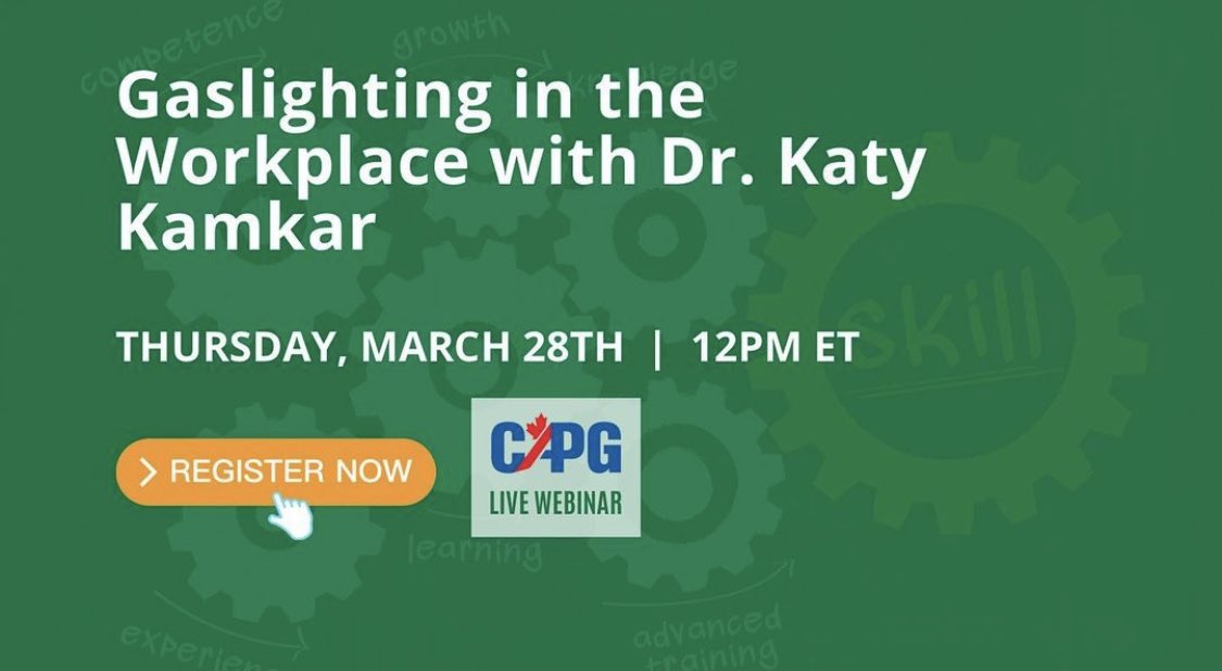 Join us for our upcoming #Webinar:

Gaslighting in the Workplace with Dr. Katy Kamkar - March 28th, 2024 - Start Time: 12pm EST

Learn more at:

capg.ca/webinars/ 

#CAPG #Policing #PoliceBoards #Gaslighting #Canada #RCMP #Toronto #Ottawa #Calgary #Edmonton