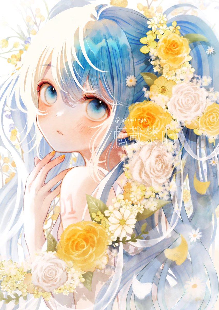hatsune miku 1girl flower solo long hair twintails white flower hair flower  illustration images