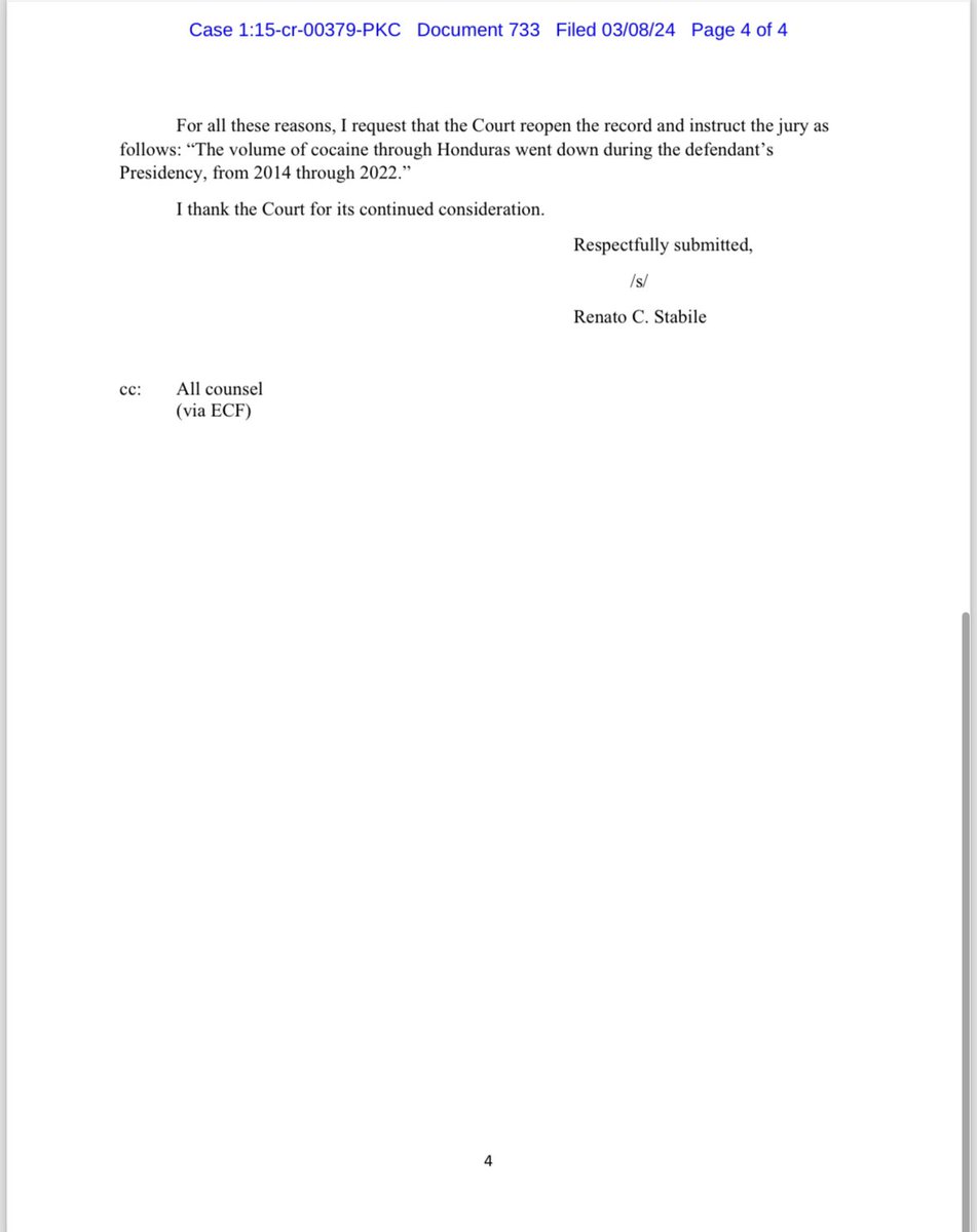 anagarciacarias's tweet image. Hoy el abogado Stabile ha presentado un escrito pidiéndole nuevamente al juez la reapertura del expediente para corregir el resumen de refutación del gobierno cuando declararon: “Y usted escucho del testigo experto del gobierno como el volumen de cocaína a través de Honduras…