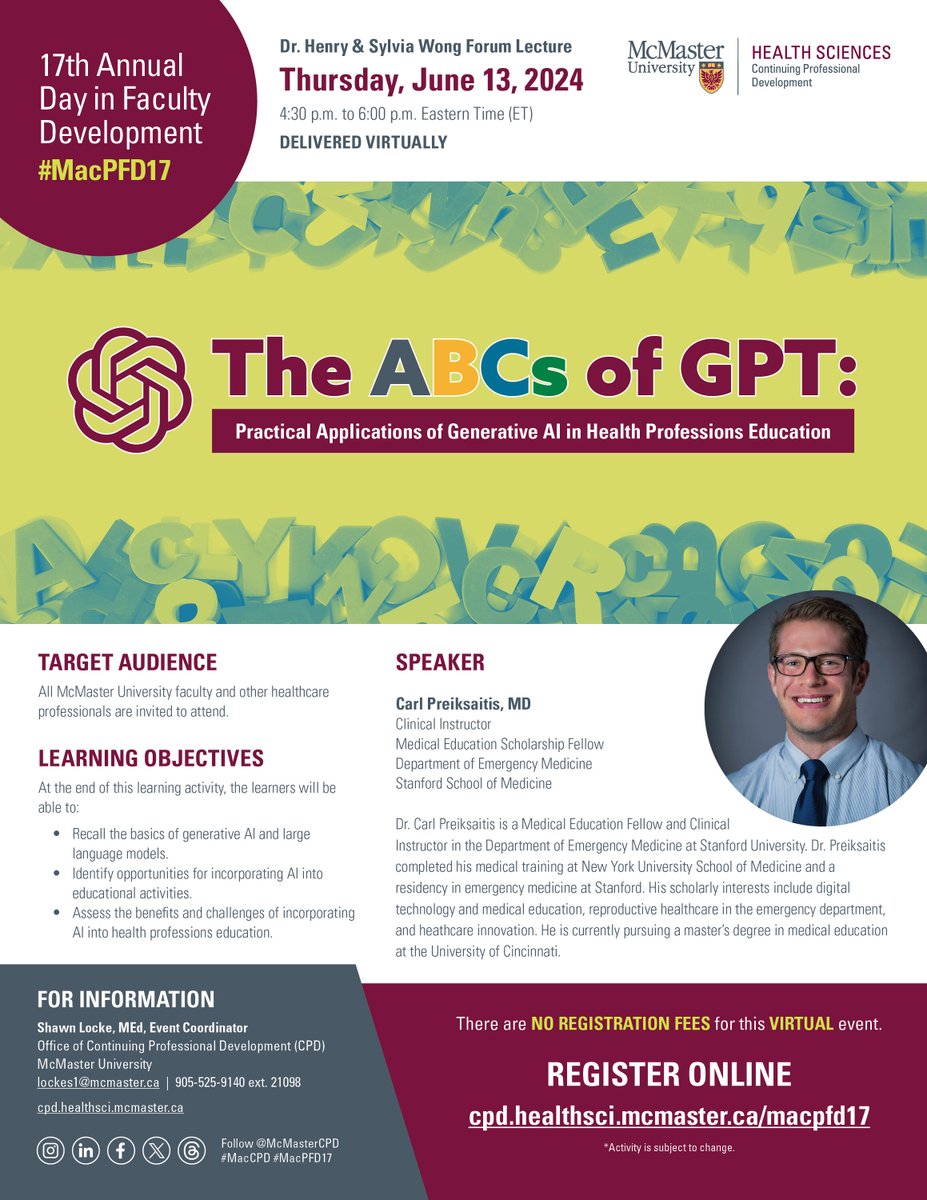 Registrations are now open for our 17th Annual Day in Faculty Development on 13 June at 4.30pm #MacPFD17. Sign up now: cpd.healthsci.mcmaster.ca/macpfd17 #MacCPD #LifelongLearning #SkillsDevelopment #MedicalEducation #ProfessionalDevelopment