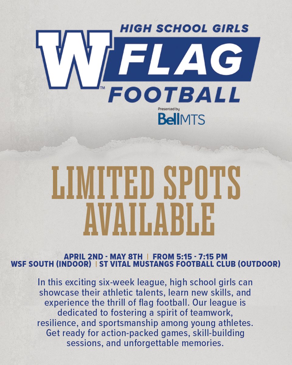 Wpg_BlueBombers's tweet photo. We're launching a flag football league exclusively for high school girls! 

Spots are filling up fast, so secure yours today! To register your school, contact our Community Relations Team at community@bluebombers.com.

more info » https://t.co/xqjmIL5sxe
#ForTheW | @Bell_MTS https://t.co/oDOkXZa1op