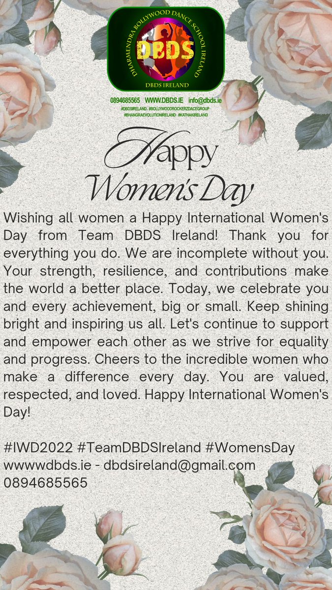 DBDSIRELAND1's tweet image. Team DBDS IRELAND Wishing Happy International Women&apos;s Day to all ladies around the globe.

Thank you.

#happywomensday2024
#happyinternationalwomensday #bharatnatyamdanceireland #dbdsireland #kathakireland  #happywomensday #bhangraevolutionireland #womeninireland