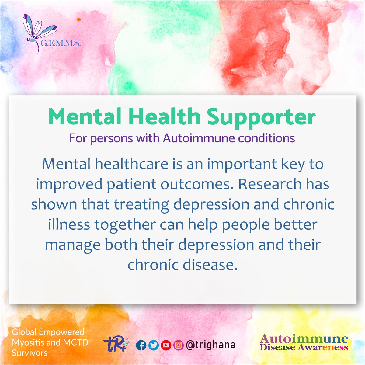 trighana's tweet photo. Mental health is pivotal to better quality of life and good health. Studies have shown that good mental health sustains progressive improvement...#GEMMS  #autoimmuneawareness  #chronicdiseases #mentalhealth #tRi #autoimmunedisease  #stepinmyshoes #AIandyourcommunity https://t.co/FwdsnG1z8T