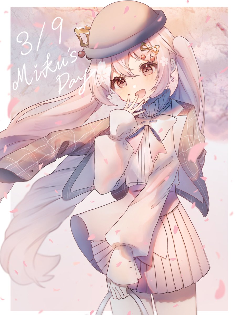 hatsune miku ,sakura miku 1girl skirt musical note hair ornament hat long hair twintails solo  illustration images