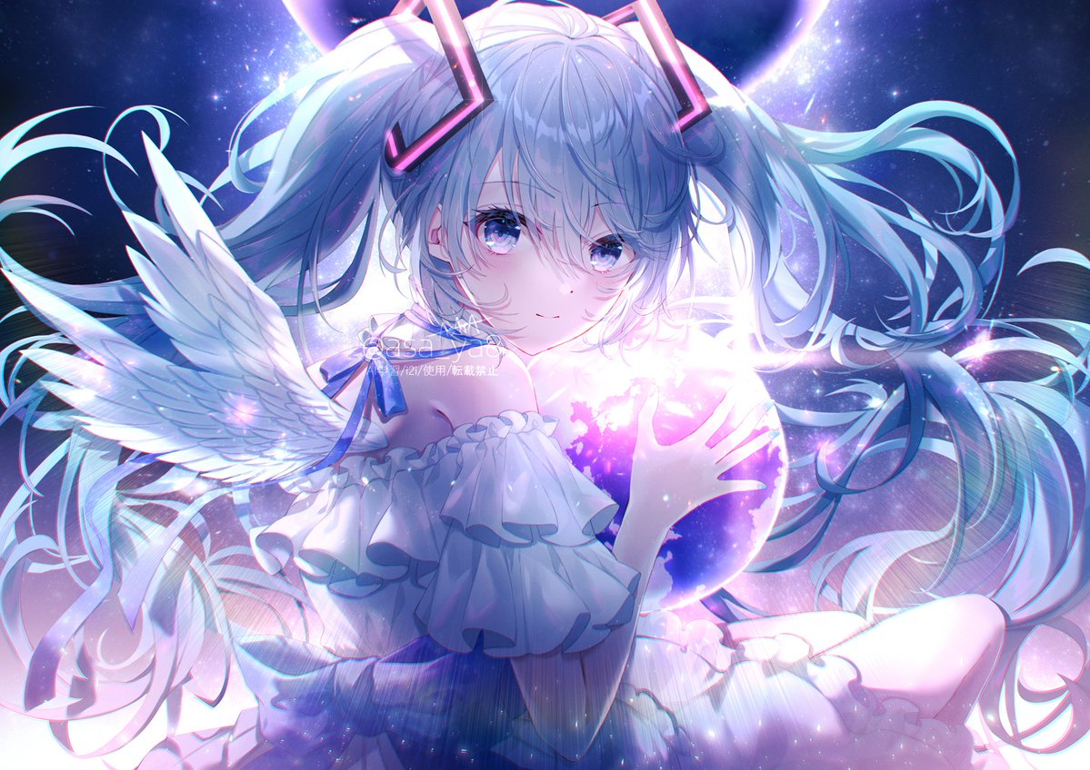 hatsune miku 1girl solo long hair wings twintails dress looking at viewer  illustration images