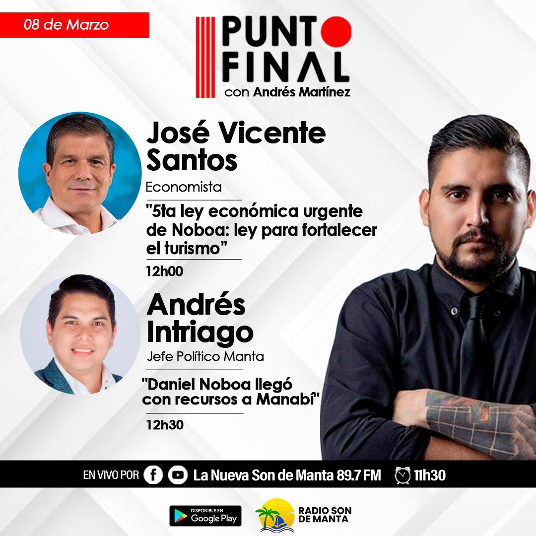 amartinezecu's tweet photo. Dentro de breve junto a @jvsantos_ec y Andrés Intriago para todo Manabí en Radio Son de Manta 89.7 FM. 

Los esperamos, mis amigos. https://t.co/JQICF4AHwM
