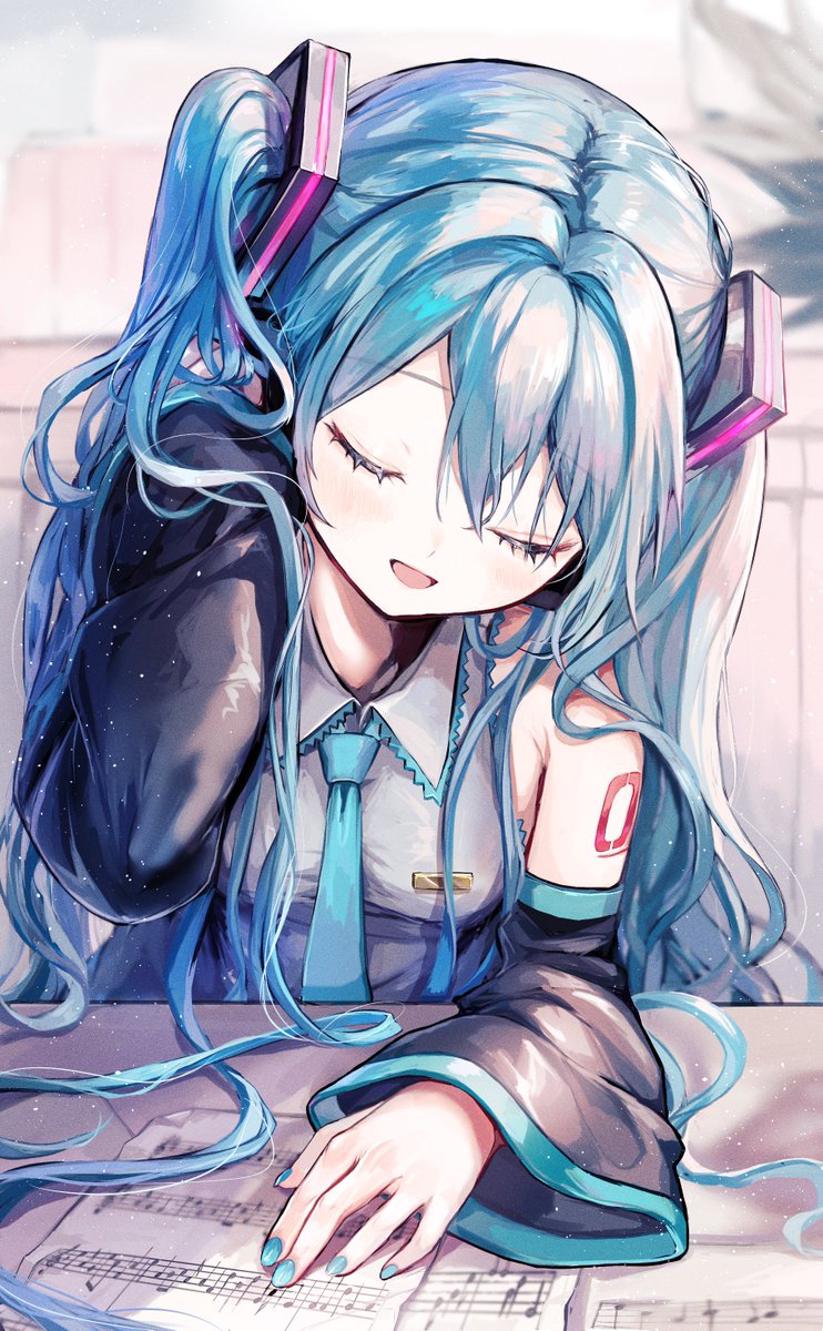 hatsune miku 1girl solo long hair necktie closed eyes detached sleeves twintails  illustration images