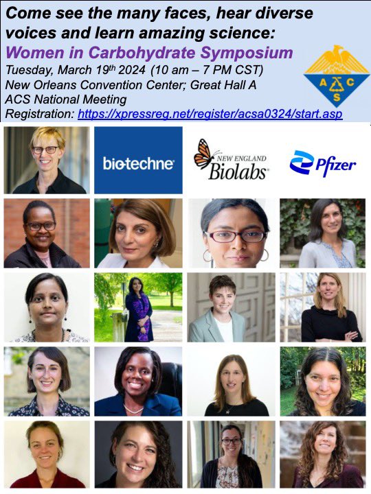 Join us in Celebrating Excellence in Glycobiology & Carbohydrate Chemistry at the Women in Carb Symposium @AmerChemSociety. Accessible to those in New Orleans and around the globe. Thank you @pfizer @NEBiolabs @biotechne for sponsorship. Still time to register/single day option