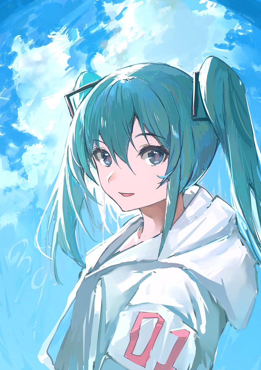 hatsune miku 1girl solo twintails hood long hair looking at viewer upper body  illustration images