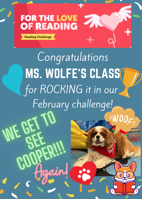 BIG congrats once again to Ms Wolfe's 3rd graders who won our February Beanstack🫘(<a href="/zoobeanreads/">Beanstack</a>) reading challenge, "For the Love of Reading!" 👏🎉This hard-working class gets to see Cooper, the therapy dog again! 🩷📚🐶#WeAreSeguin <a href="/SeguinISD/">Seguin ISD</a> <a href="/McQueeneyESISD/">McQueeney Elementary</a>