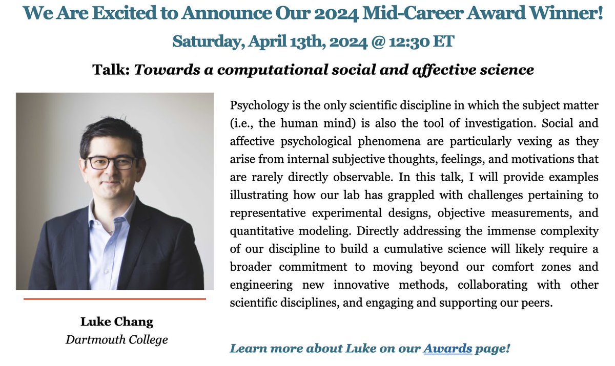 Congratulations to Luke Chang (@lukejchang) of @DartmouthPBS for winning the first ever @SANS_news Mid-Career Award! Join us at #SANS2024 for his talk 'Towards a computational social and affective science' socialaffectiveneuro.org/awards/