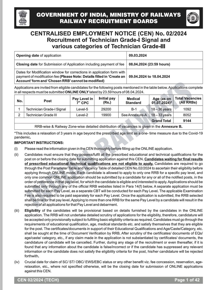 Railways Detailed CEN 02-2024 (Technician) Notification PDF (42 pages).. Link: t.me/qmaths/6345